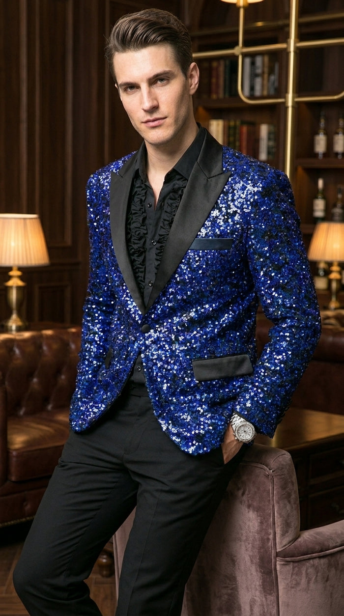 Men’s Blue Sequin Sparkle Blazer Jacket with Black Satin Lapel, Party Prom Wedding Dinner Coat