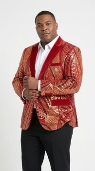 Men’s Red and Gold Sequin Christmas Holiday Blazer – Luxury Party Jacket for New Year, Wedding and Festive Events