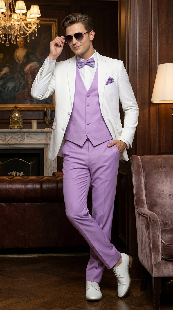 Men’s White and Lavender Tuxedo Wedding Suit with Dinner Jacket, Vest, Pants and Bow Tie