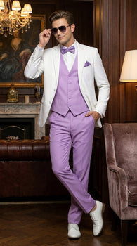 Men’s White and Lavender Tuxedo Wedding Suit with Dinner Jacket, Vest, Pants and Bow Tie