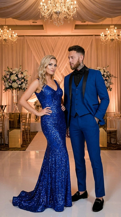 Men’s Royal Blue 3 Piece Suit with Black Lapel – Modern Formal Suit for Wedding, Prom and Party Wear Modern Fit