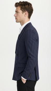 Mens Navy Blue Pinstripe Double Breasted Blazer Sport Coat – Classic Formal Business Jacket for Party and Smart Casual Wear