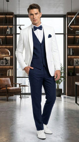 Men’s White and Navy blue tuxedo  3 Piece Suit – Classic White Blazer with Navy Vest and Pants for Wedding, Party + Bowtie