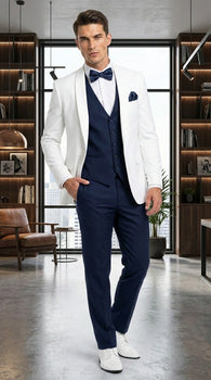 Men’s White and Navy blue tuxedo  3 Piece Suit – Classic White Blazer with Navy Vest and Pants for Wedding, Party + Bowtie