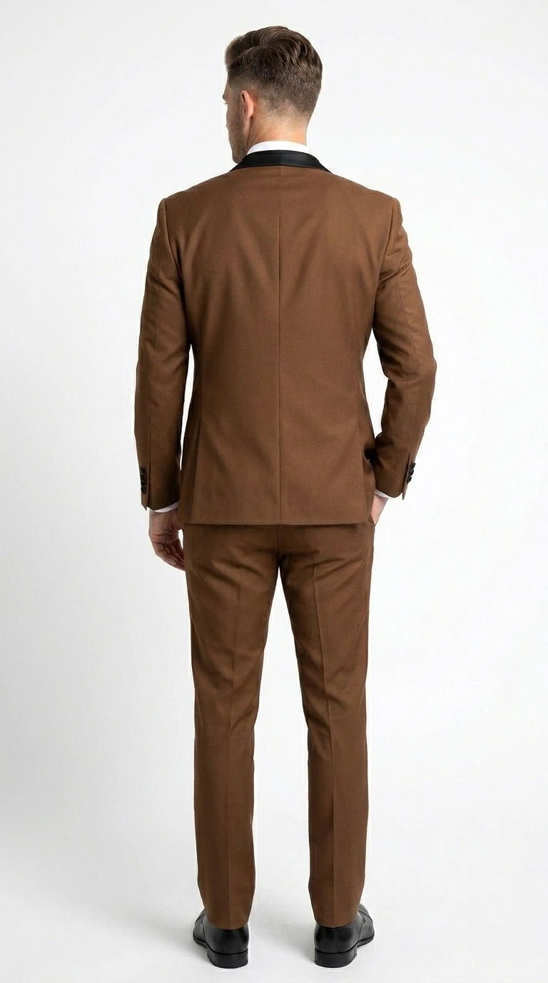 Men’s Light Brown Vested Piece Suit – Elegant Formal Suit with Contrast Lapel for Wedding, Party Modern Fit