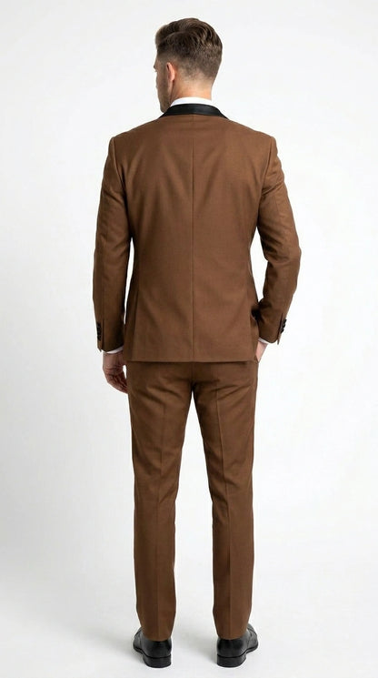 Men’s Light Brown Vested Piece Suit – Elegant Formal Suit with Contrast Lapel for Wedding, Party Modern Fit