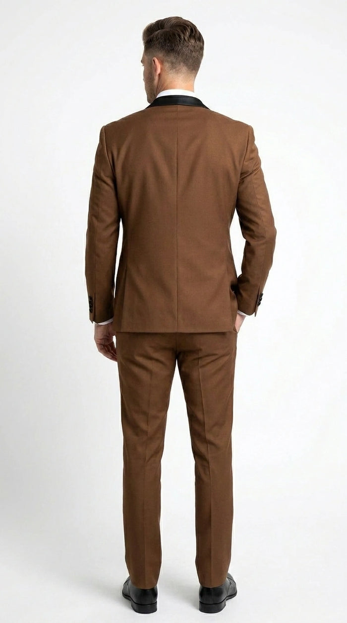 Men’s Light Brown Vested Piece Suit – Elegant Formal Suit with Contrast Lapel for Wedding, Party Modern Fit