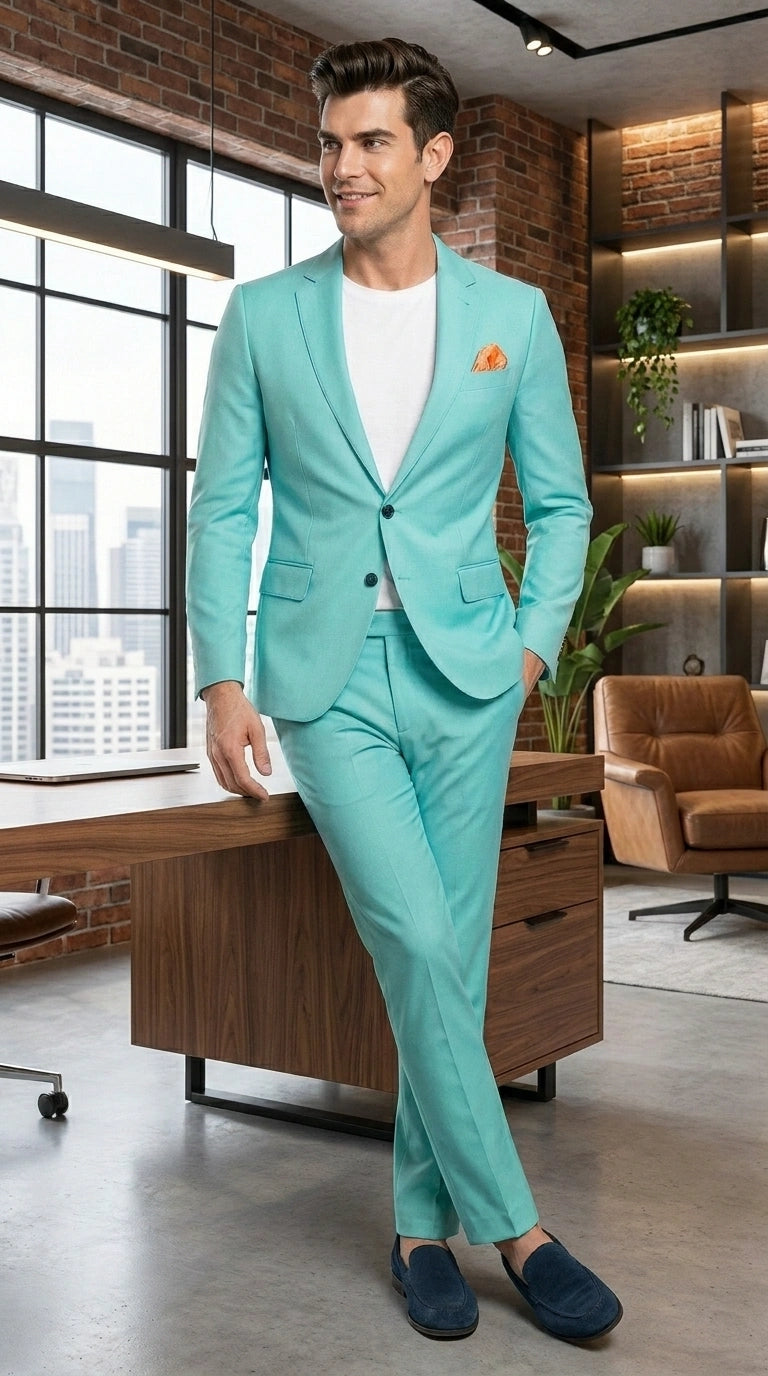 Men’s Turquoise 2 Piece Suit with Jacket and Pants, Formal Wedding Suit for Prom, Parties, Summer Events, and Special Occasions Modern Fit