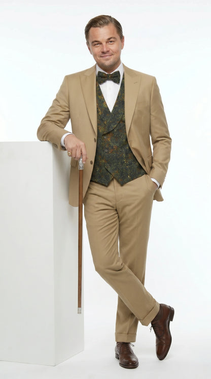 Men’s Khaki 3 Piece Suit with Patterned Vest, Great Gatsby Inspired Formal Suit for Weddings, Mardi Gra in Tan Camel Color Modern Fit