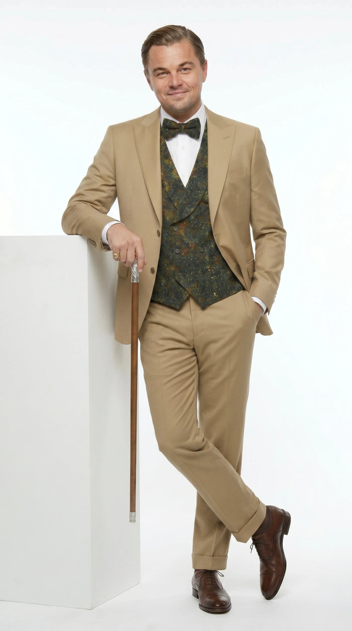 Men’s Khaki 3 Piece Suit with Patterned Vest, Great Gatsby Inspired Formal Suit for Weddings, Mardi Gra in Tan Camel Color Modern Fit