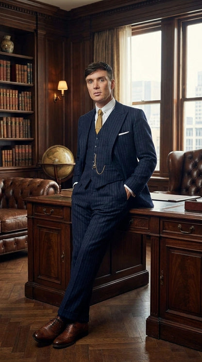Men’s Navy Blue Pinstripe 3 Piece Suit, Thomas Shelby Inspired Vintage Formal Suit for Weddings, Parties, Prom, and Special Events Modern Fit