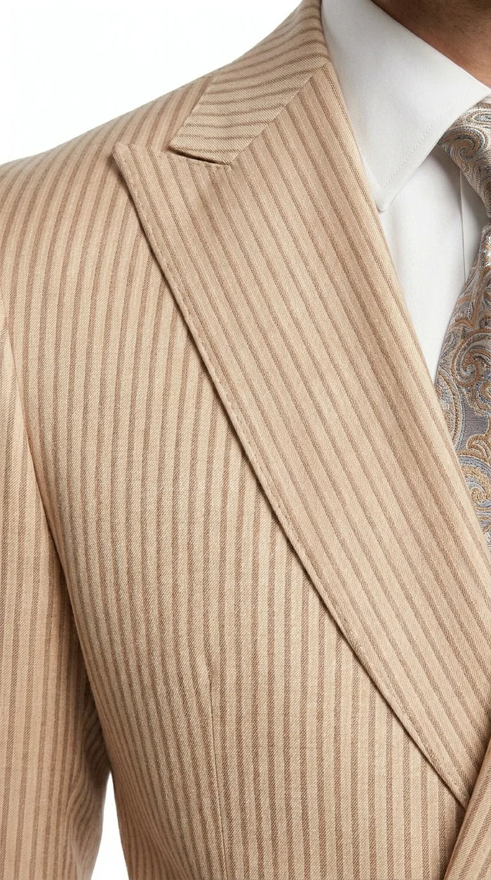 Vitali Men’s Tone on Tone Beige Pinstripe 2 Piece Suit, Double Breasted Summer Dress Suit for Weddings, Tan Beige Shadow Pinstripe Modern Fit
