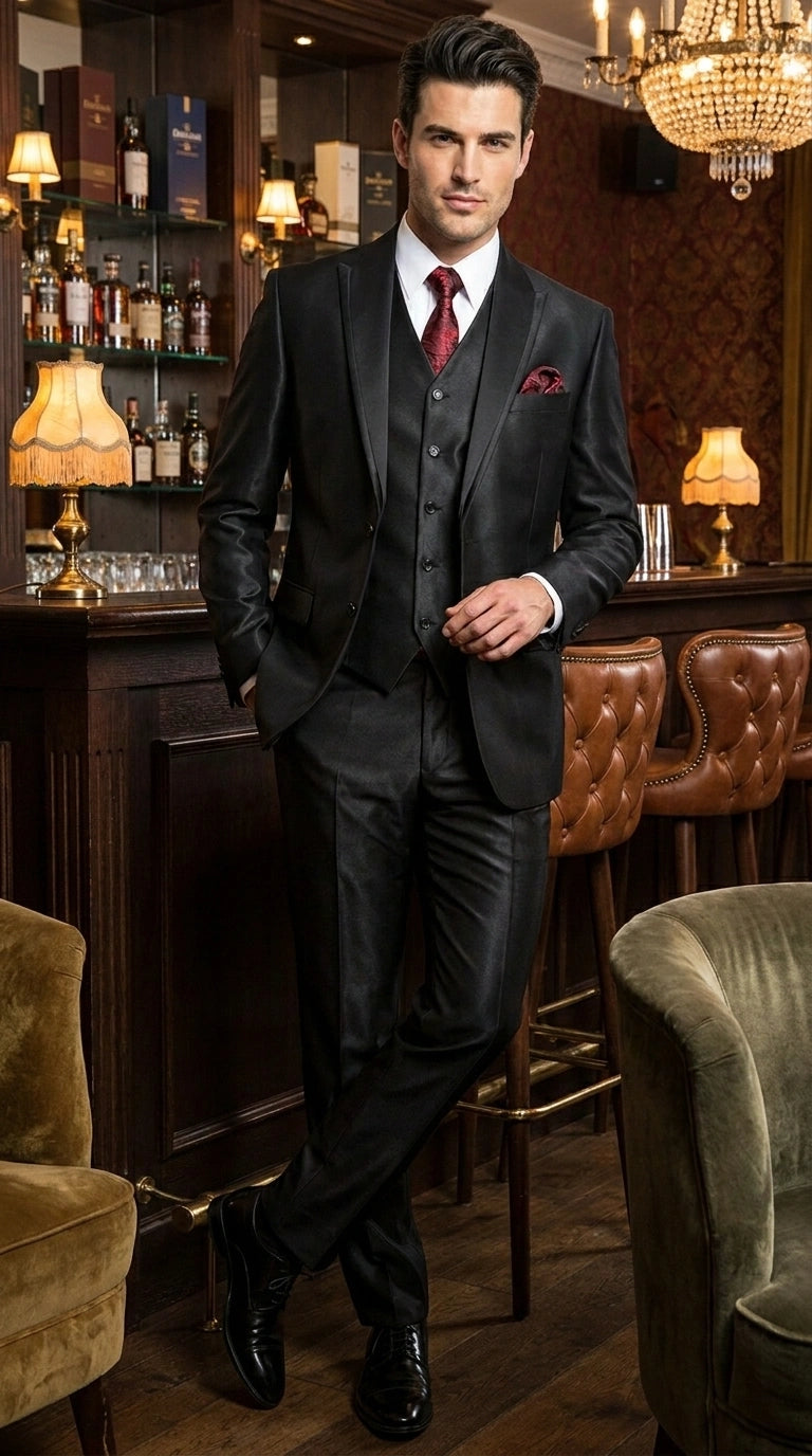 Men’s Black Shiny 3 Piece Tuxedo Groom Suit, Formal Vest Suit for Weddings, Prom, Black Tie Events, Black Lapel