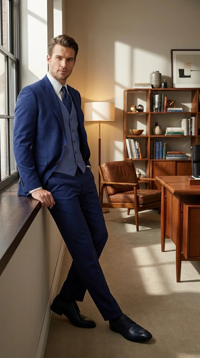 Vitali Men’s Navy Blue 3 Piece Suit with Light Blue Vest, Textured Formal Dress Suit for Weddings, Prom, Business Events, and Parties Modern Fit