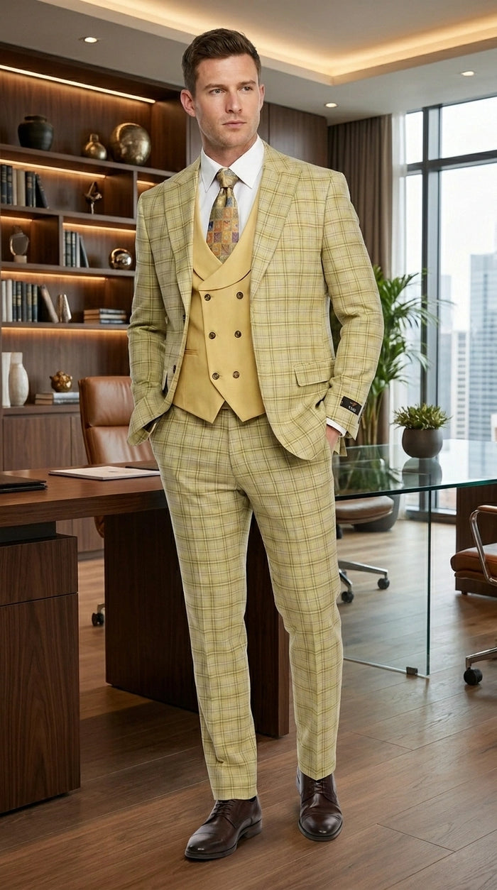 Vitali Men’s Sage Beige Tan Plaid 3 Piece Suit, Check Pattern Formal Dress Suit for Weddings, Prom, Business Events,Light Yellow Color Modern Fit