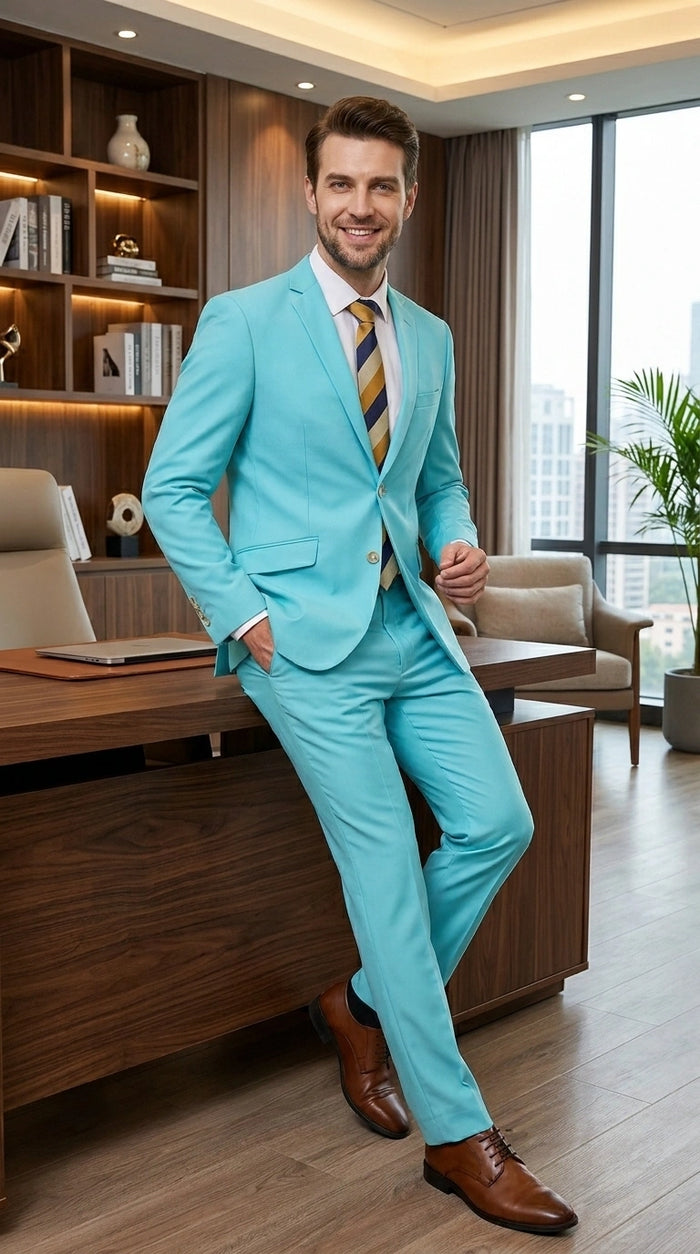 Men’s Aqua Blue 2 Piece 2 Button Suit, Formal Dress Suit for Weddings, Prom, Parties, Summer Events, Turquoise Light blue Modern Fit
