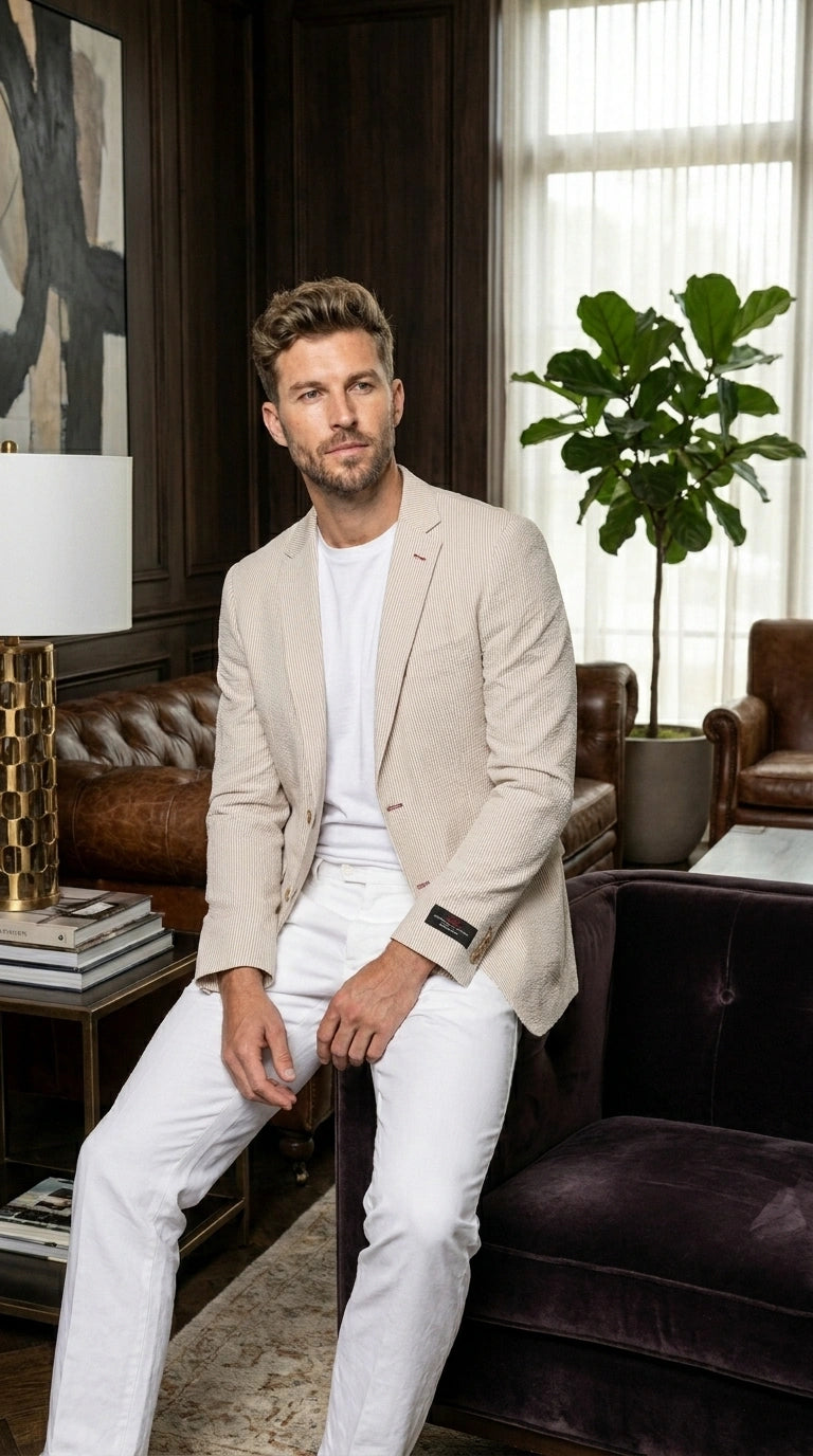 Men’s Beige Seersucker Summer Blazer, Lightweight Striped Sport Coat for Weddings, Parties, Beach Events in Tan Color