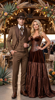 Men’s Brown Pinstripe Western Cowboy Tuxedo, Contrast Shawl Lapel Formal Suit for Weddings, Prom, Parties, and Special Occasions