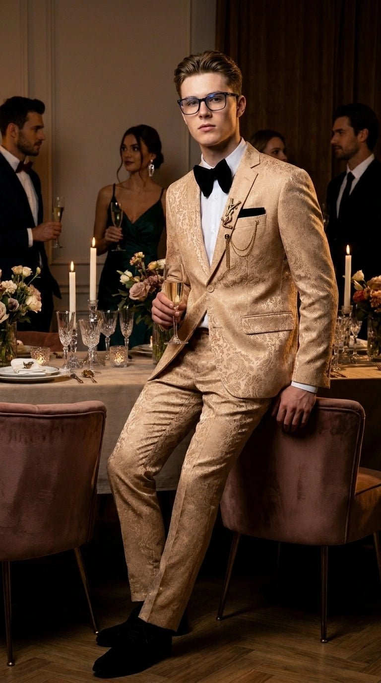 Men’s Champagne Gold Paisley Prom Tuxedo, Formal Dinner Suit for Prom, Weddings, Parties in Tan Color
