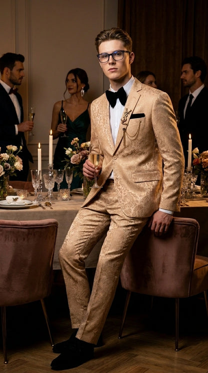 Men’s Champagne Gold Paisley Prom Tuxedo, Formal Dinner Suit for Prom, Weddings, Parties in Tan Color