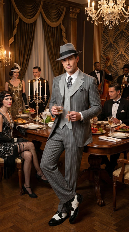 Men’s Grey Pinstripe 1920s Gangster 3 Piece Suit, Contrast Lapel Vintage Formal Suit for Parties, Prom, Weddings, and Theme Events Modern Fit