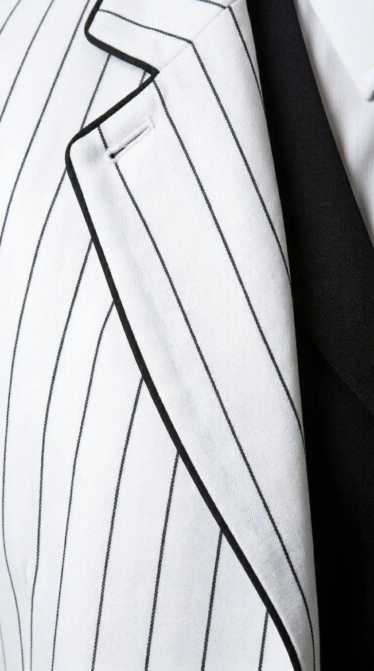 Men’s White Pinstripe 1920s Gangster 3 Piece Suit, Black Contrast Formal Costume Suit for Parties, Prom, Weddings, and Theme Events Modern Fit