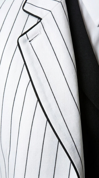 Men’s White Pinstripe 1920s Gangster 3 Piece Suit, Black Contrast Formal Costume Suit for Parties, Prom, Weddings, and Theme Events Modern Fit