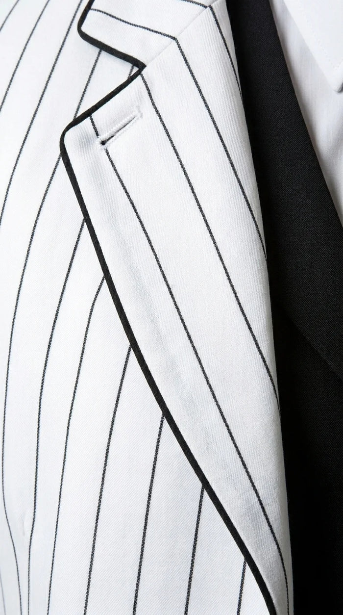 Men’s White Pinstripe 1920s Gangster 3 Piece Suit, Black Contrast Formal Costume Suit for Parties, Prom, Weddings, and Theme Events Modern Fit