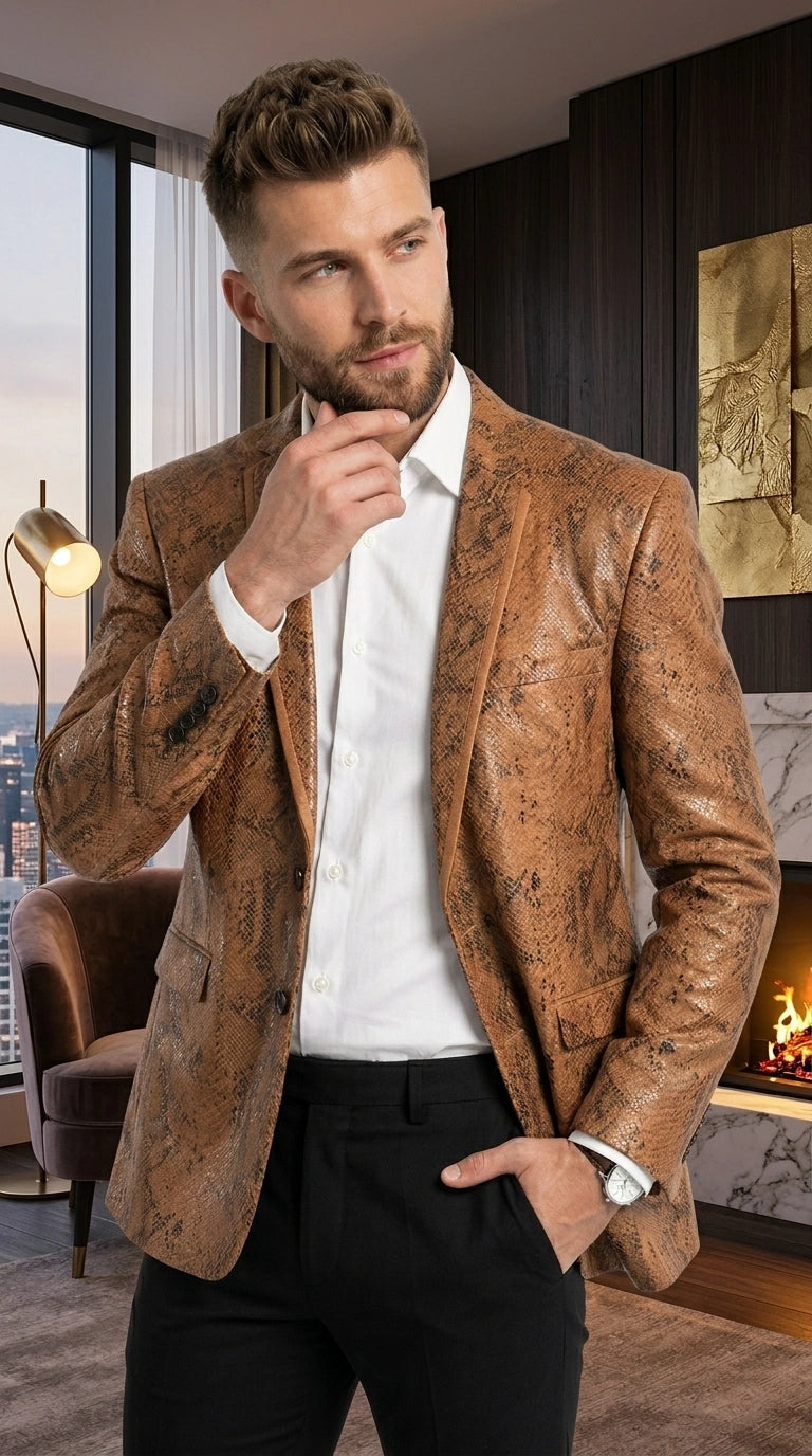 Men’s Tan Snakeskin Print Blazer, Brown Sport Coat Camel Alligator Crocodile Animal Print leopard Jacket