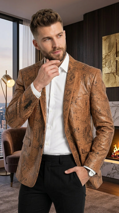 Men’s Tan Snakeskin Print Blazer, Brown Sport Coat Camel Alligator Crocodile Animal Print leopard Jacket