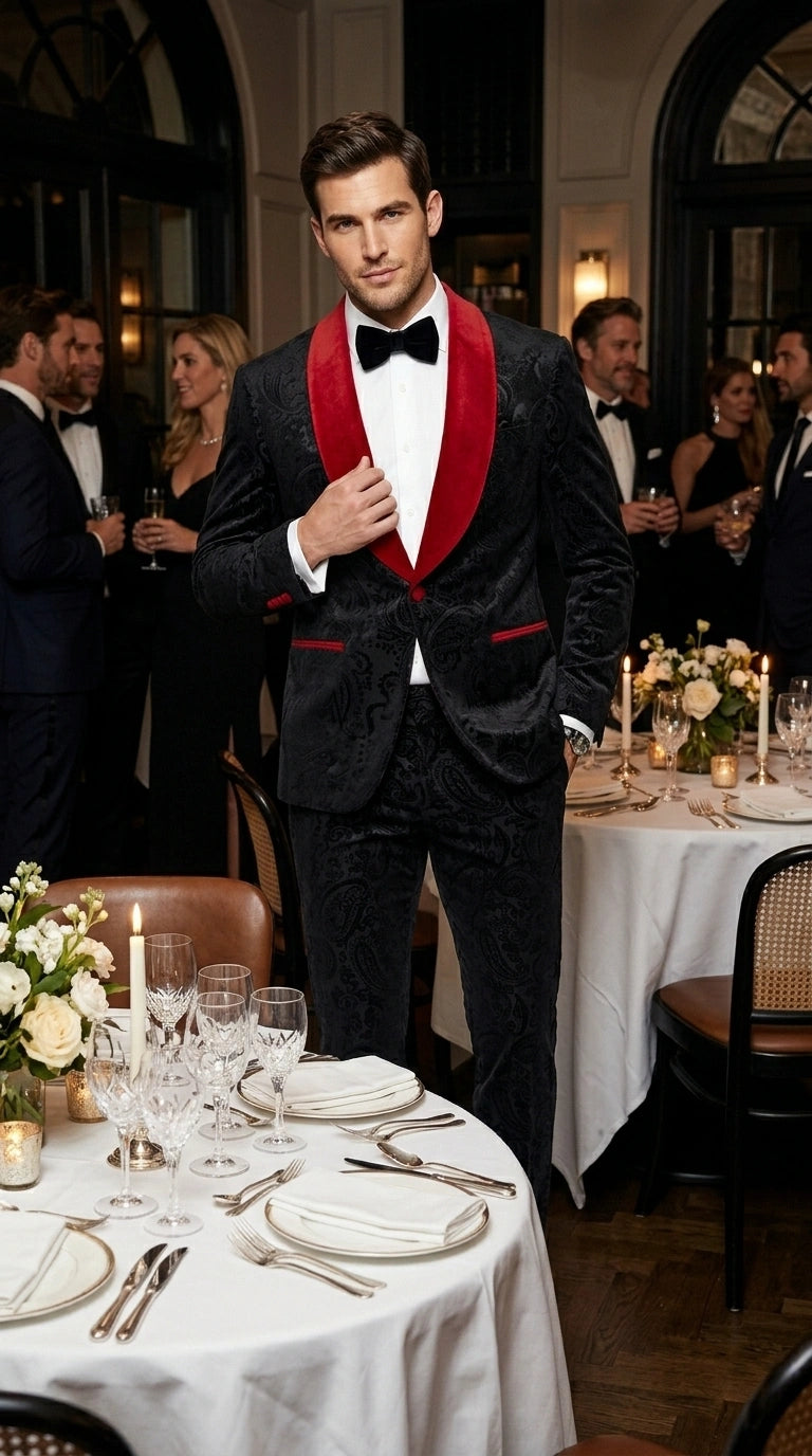 Men’s Black Paisley 2 Piece Suit with Red Shawl Lapel, Formal Wedding Prom Party Suit Set Modern Fit Black / 46 Short Jacket+40 Waist Adjust 36to42)(