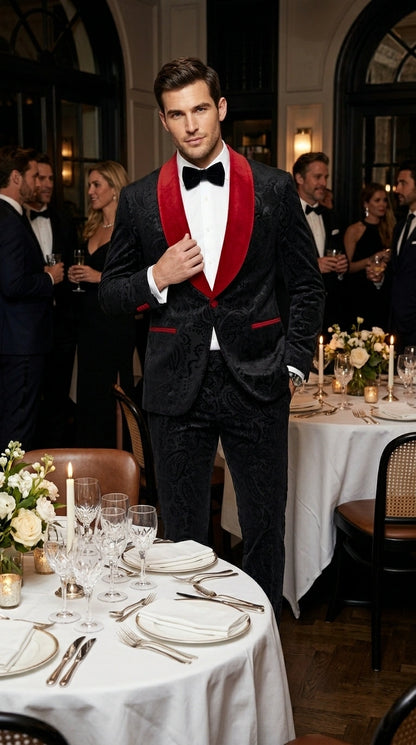 Men’s Black Paisley 2 Piece Suit with Red Shawl Lapel, Formal Wedding Prom Party Suit Set Modern Fit