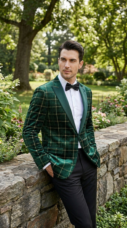 Men’s Green and Gold Plaid Christmas Holiday Blazer – Classic Check Party Jacket for New Year, Wedding and Festive New Year event