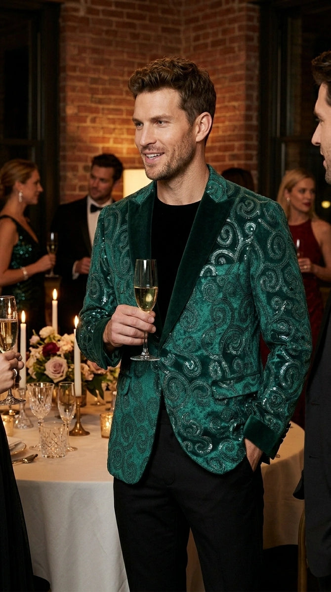 Men’s Emerald Green Paisley Tuxedo Dinner Jacket with Black Lapel, For ...