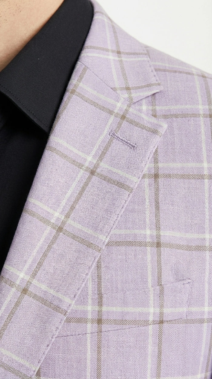 Men’s Lilac Lavender Windowpane Check 3 Piece Suit – Lilac Plaid Formal Suit with Vest for Wedding, Prom and Business Events  Modern Fit
