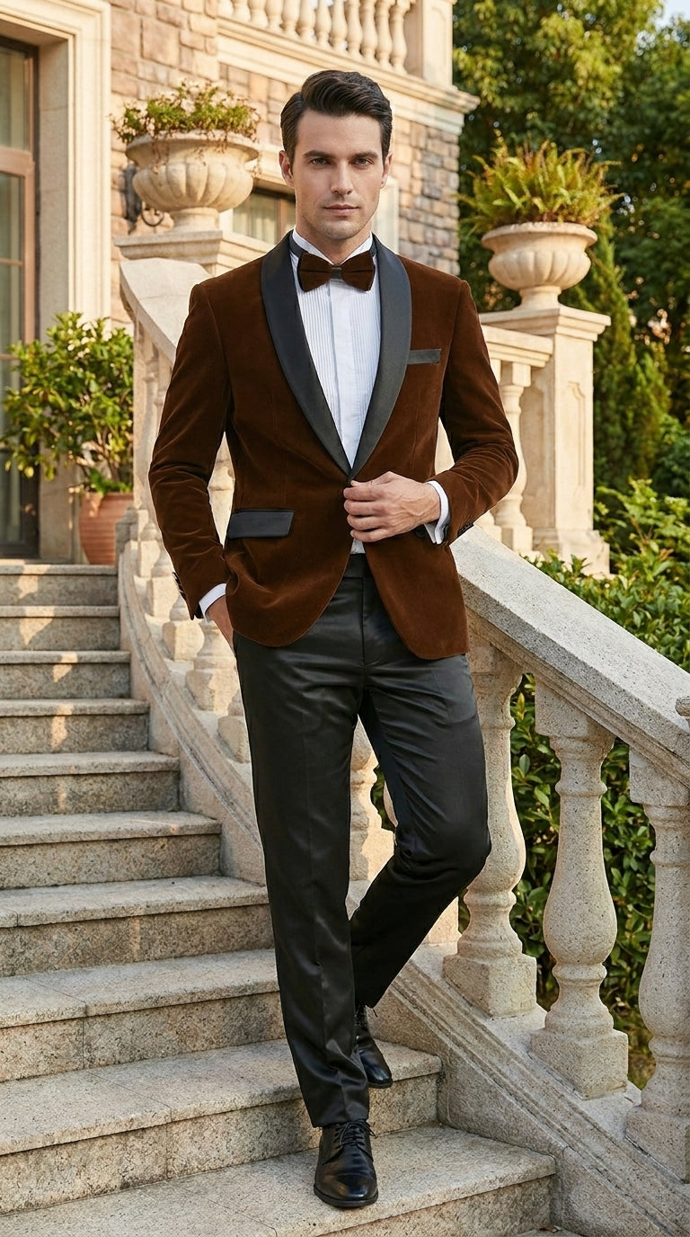 Men’s Brown Camel Bronze Velvet Tuxedo Jacket, Shawl Lapel Wedding Prom Dinner Blazer - Blazer Sportcoat