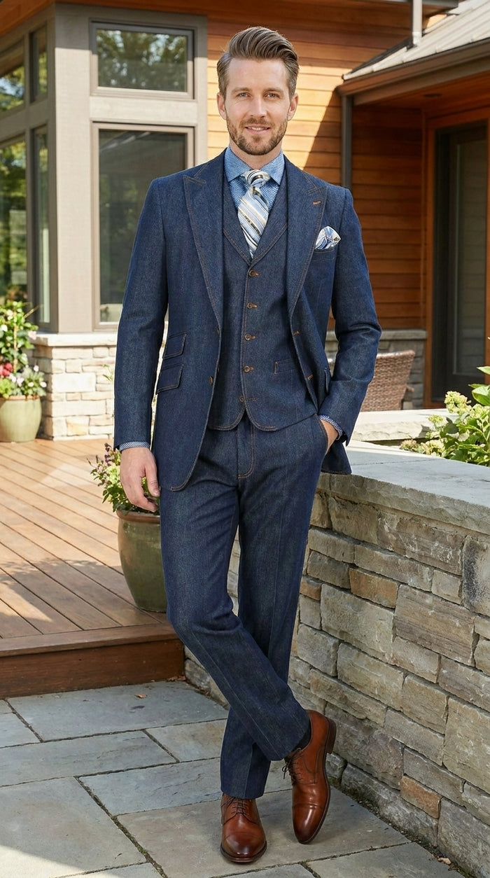 Men’s Pleated Pants Dark Blue Denim 3 Piece Suit – 100% Cotton Formal Suit Set, Blazer Vest Pants Outfit Classic Fit Athletic Fit Lose Fit