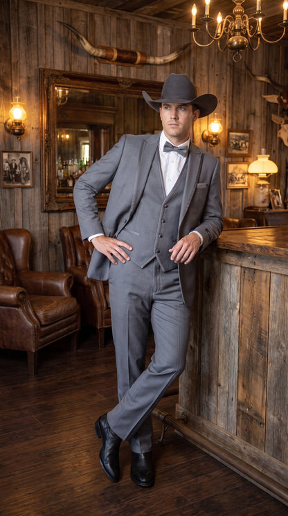 Men's Medium Grey Western 3-Piece Tuxedo Suit with Vest – Cowboy Style Formal Country Outfit