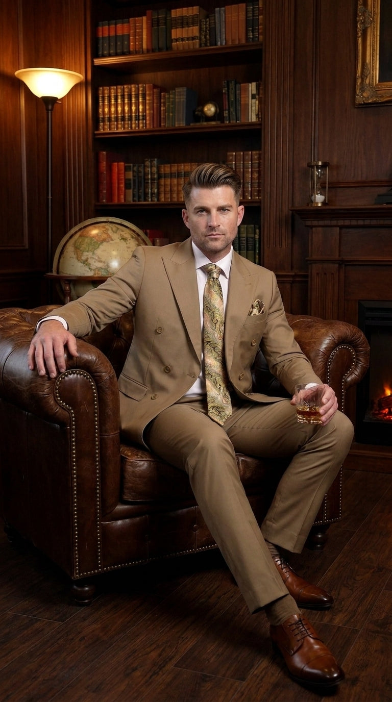 Men’s Statement Brand Caramel Khaki Double Breasted Wool Suit, Designer Formal Business Suit Set Wool Suit in Camel Color  Modern Fit