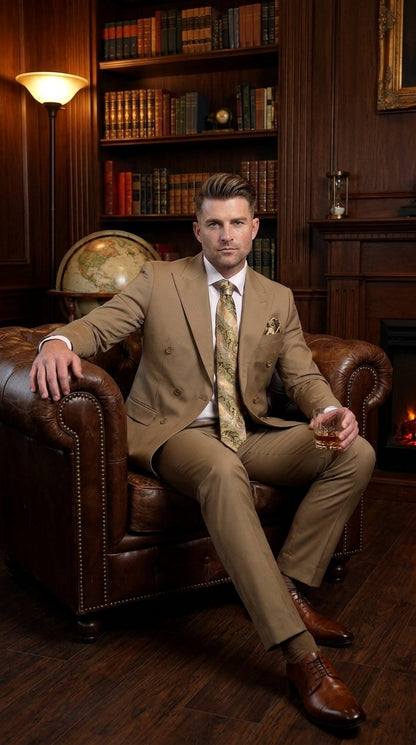 Men’s Statement Brand Caramel Khaki Double Breasted Wool Suit, Designer Formal Business Suit Set Wool Suit in Camel Color  Modern Fit