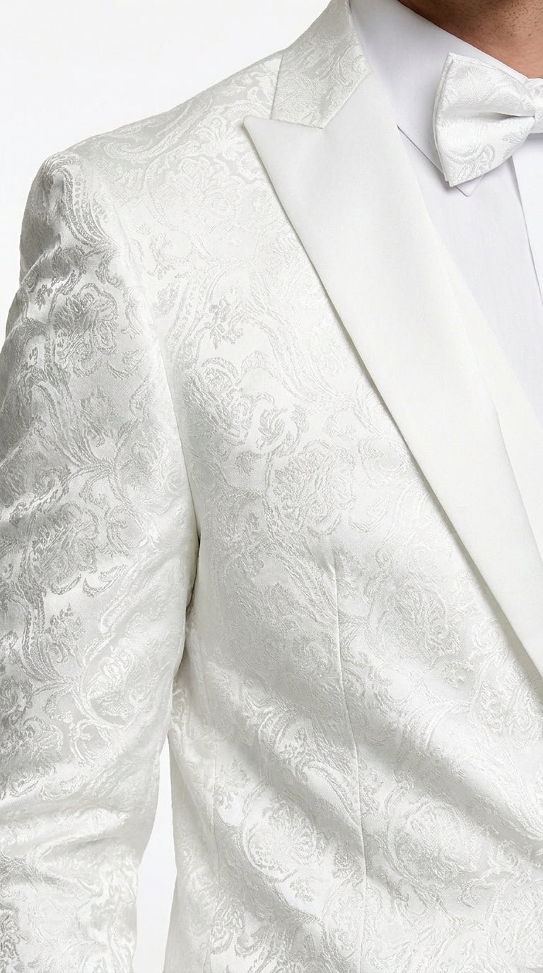 Men’s White Paisley Wedding Tuxedo with Groom Suit Jacket, Vest and Pants, Formal Dress Suit