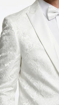 Men’s White Paisley Wedding Tuxedo with Groom Suit Jacket, Vest and Pants, Formal Dress Suit