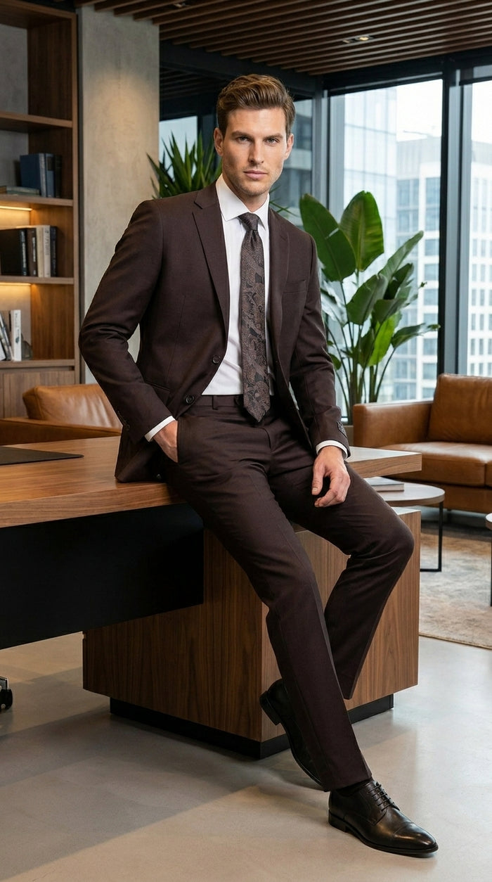 Men’s Tiglio Italian Brown Suit with Two Button Blazer and Matching Pants, Formal Business Wedding Suit