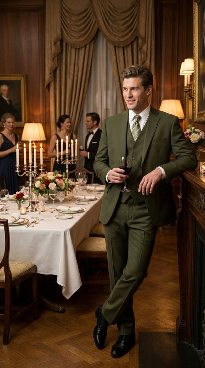 Men’s Olive 3 Piece Suit with Blazer, Vest and Pants, Formal Wedding Business Dress Suit