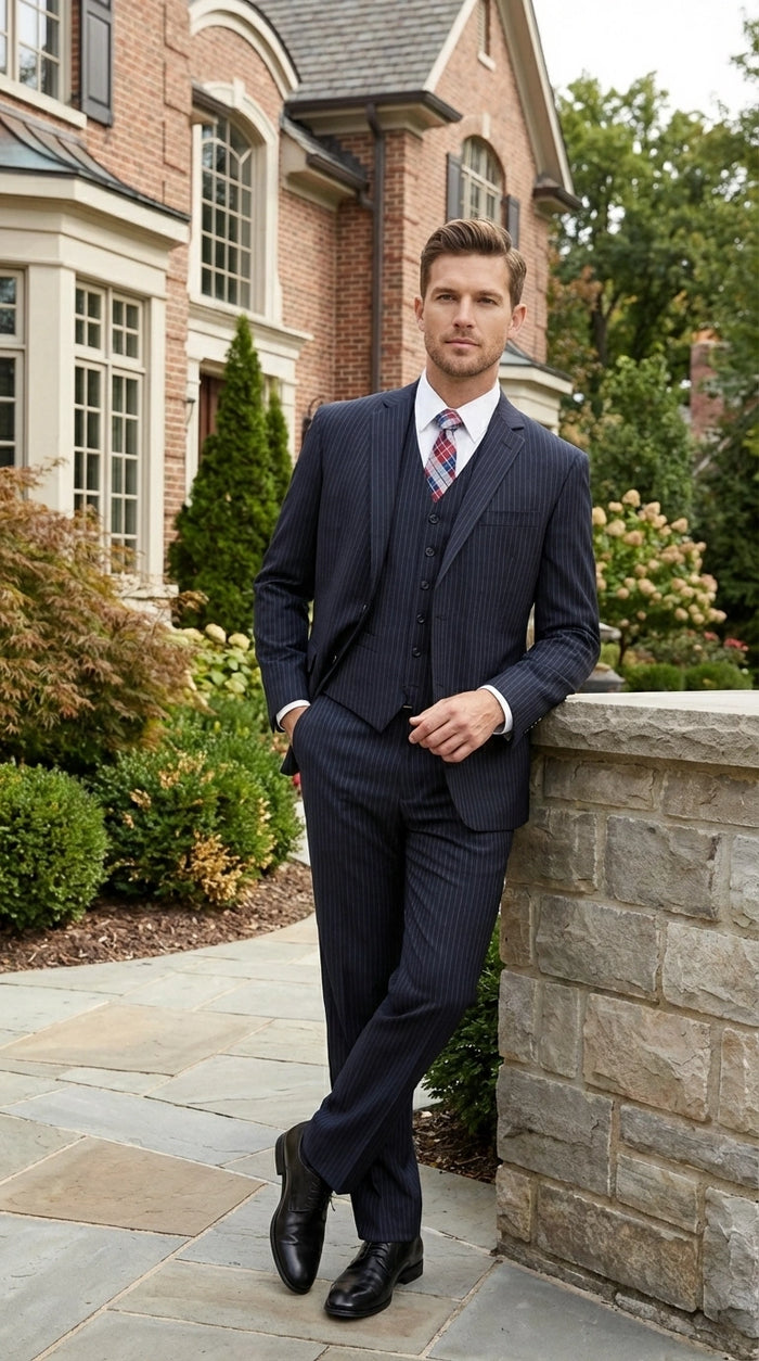 Italian Made By Statment - 100% Wool Fabric Super 150's  Banker Pinstripe in Navy Charcoal Black 2 Button Suit Modern Fit 2 Buttons Notch Lapel