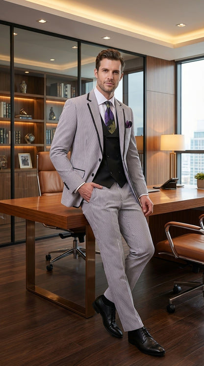Mens Black and White Pinstripe Wedding Tuxedo Suit – Three Piece Formal Suit Set with Contrast Trim for Groom, Prom - Seersucker Summer Suit