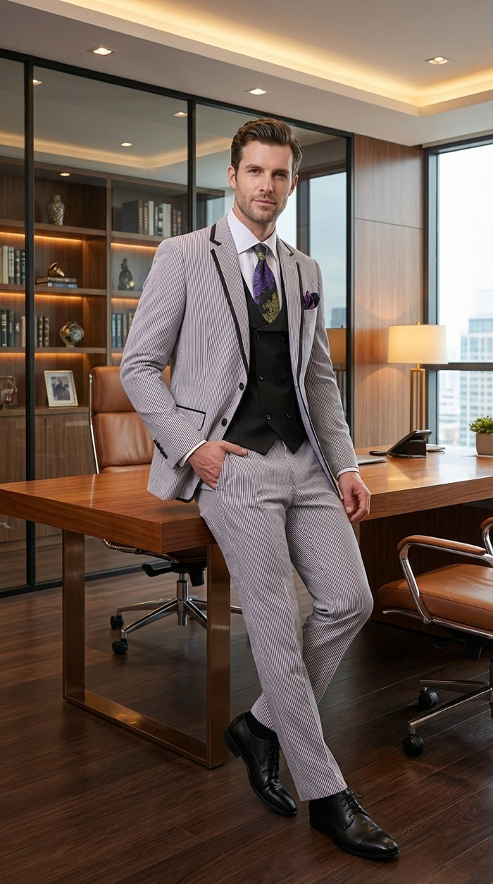 Mens Black and White Pinstripe Wedding Tuxedo Suit – Three Piece Formal Suit Set with Contrast Trim for Groom, Prom - Seersucker Summer Suit