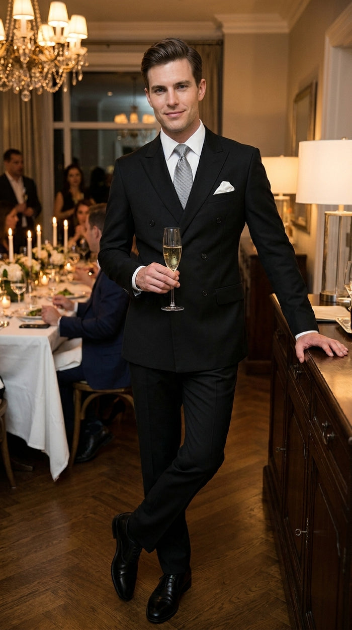 Statement Confidence Men'S Black Double Breasted Wool Italian Design Suit