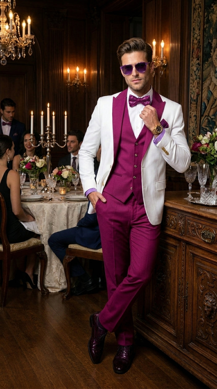 White and Burgundy Tuxedo Wedding Suit for Men – White Dinner Jacket with Burgundy Vest, Pants and Bow Tie