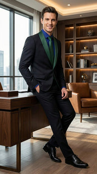 Men’s Black Suit with Hunter Green Shawl Lapel – Black and Hunter Green Formal Tuxedo Suit for Wedding, Prom With Bow Tie